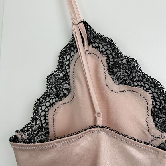 Victorias Secret Satin Babydoll Chemise Slip Dress Sz M Pink Black Lace Ditsy - Picture 5 of 9